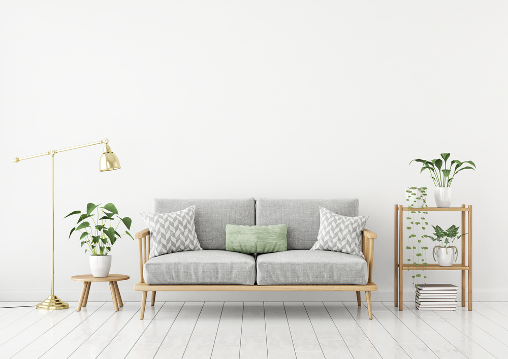 Scandinavian,Style,Livingroom,With,Fabric,Sofa,,Pillows,,Golden,Lamp,And