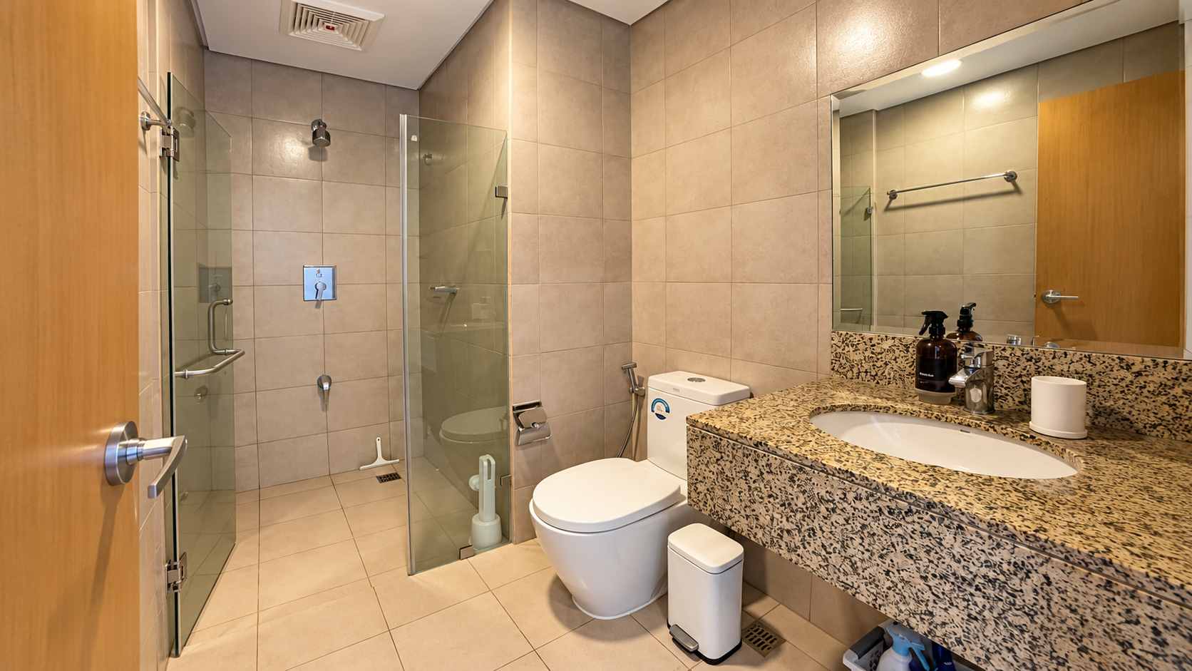 Modern Beige-Tiled Bathroom Interior