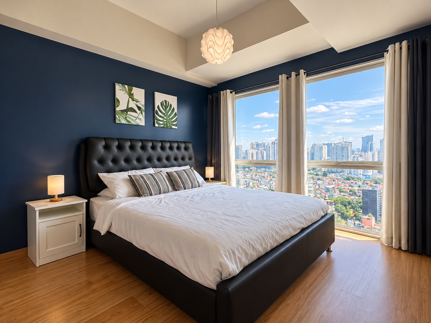 Sunlit Navy Bedroom with City Views