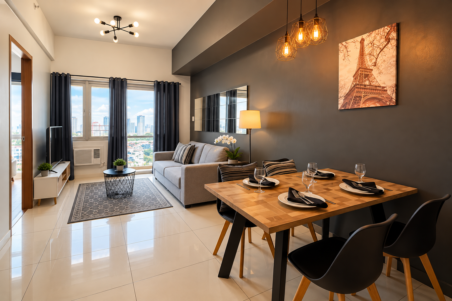 Warm Modern Condo Living and Dining Room