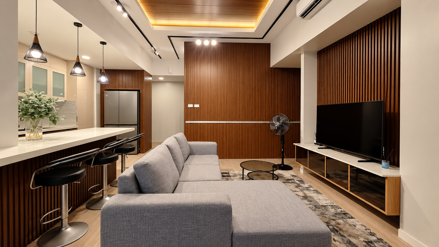 Warm Modern Living Room and Kitchen