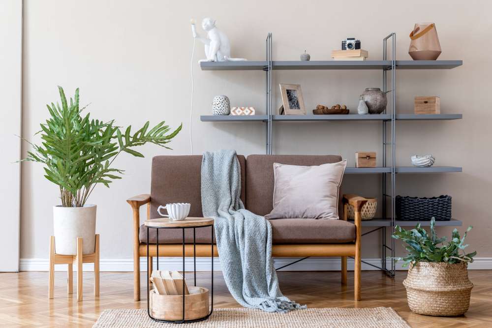 Interior,Design,Of,Living,Room,With,Brown,Wooden,Sofa,,Gray