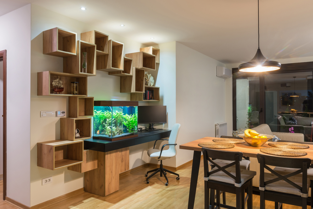 Interior,Of,A,Open,Plan,Apartment,With,Wooden,Shelf