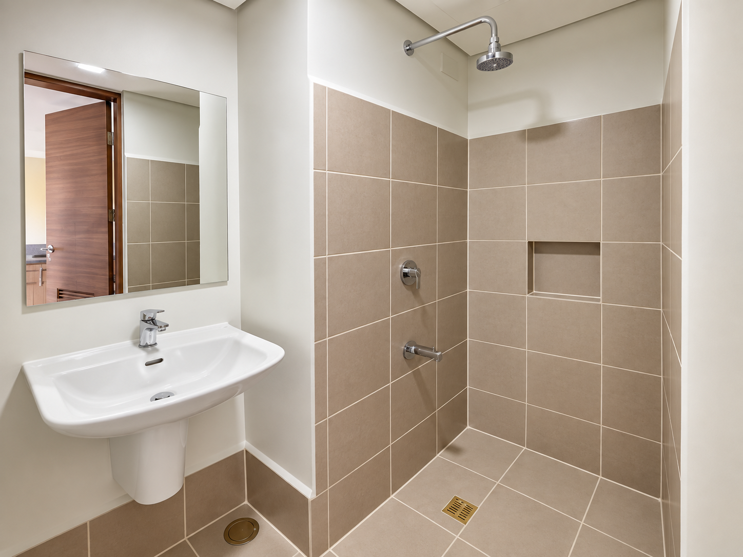 Minimalist Beige Tile Bathroom