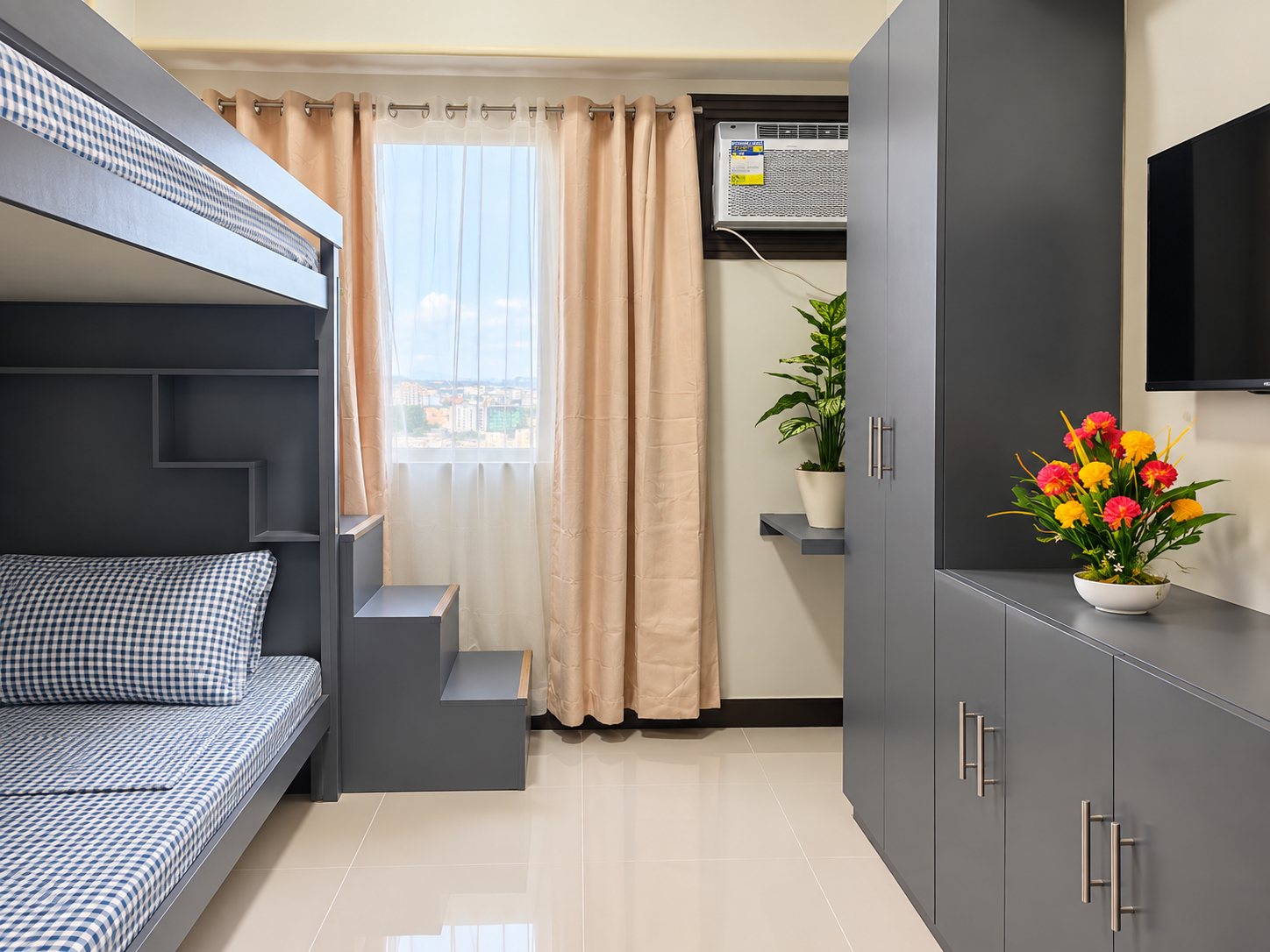 Modern Bunk Bedroom with City View