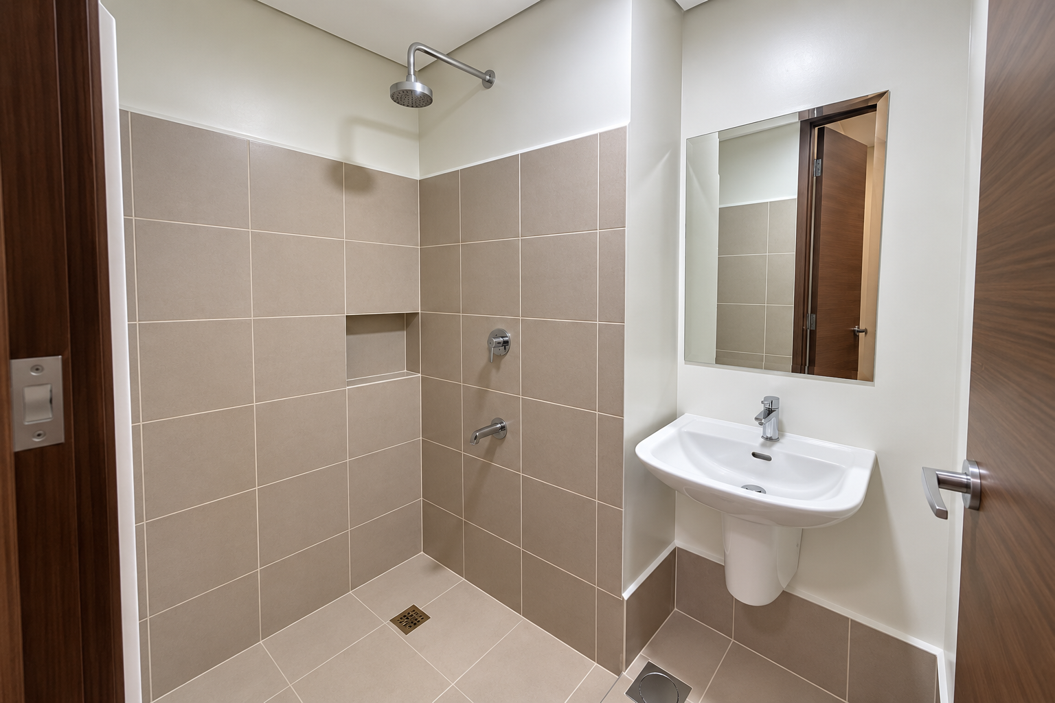 Modern Minimalist Beige Tiled Bathroom