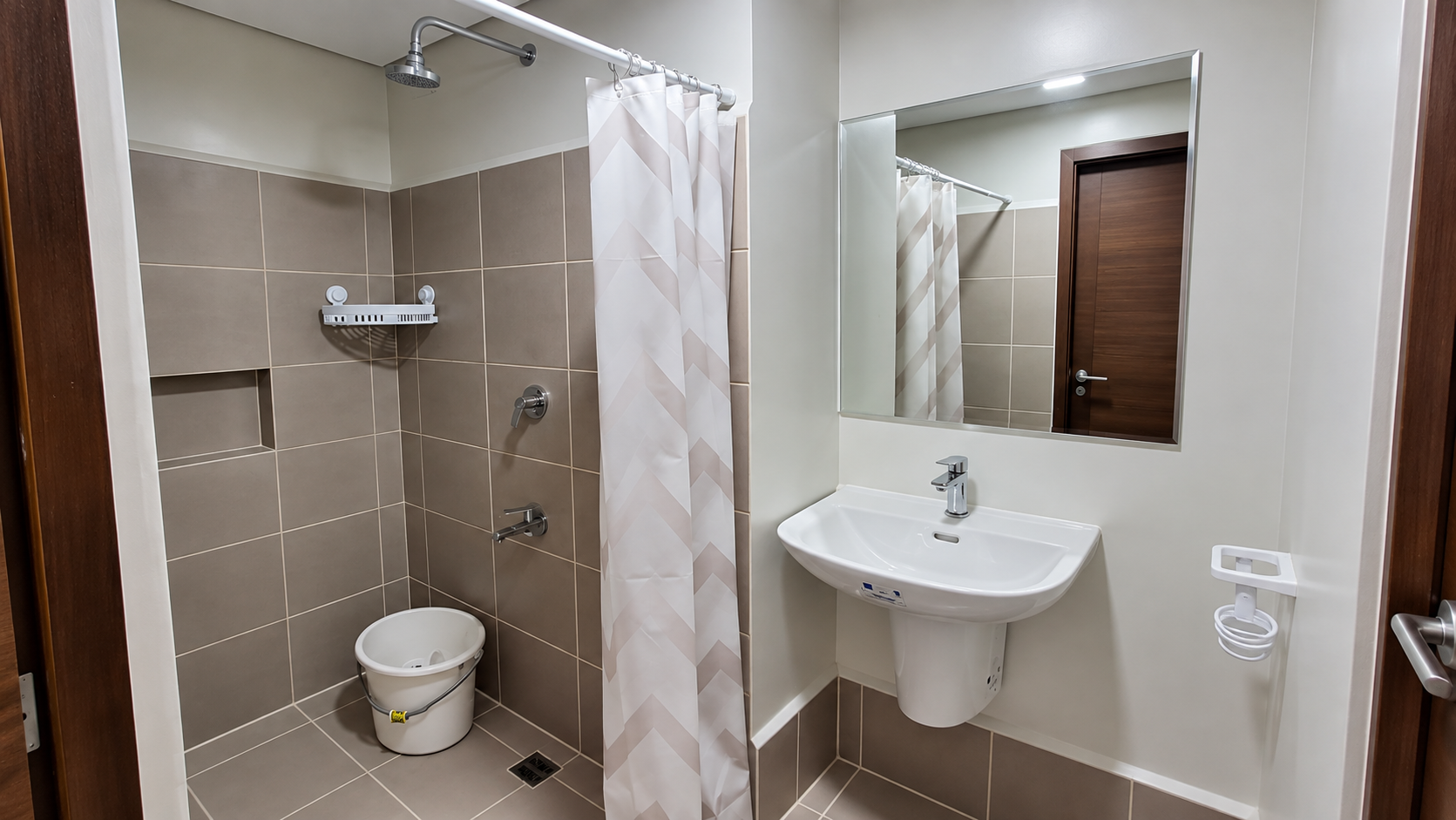 Modern Neutral Bathroom with Chevron Shower Curtain