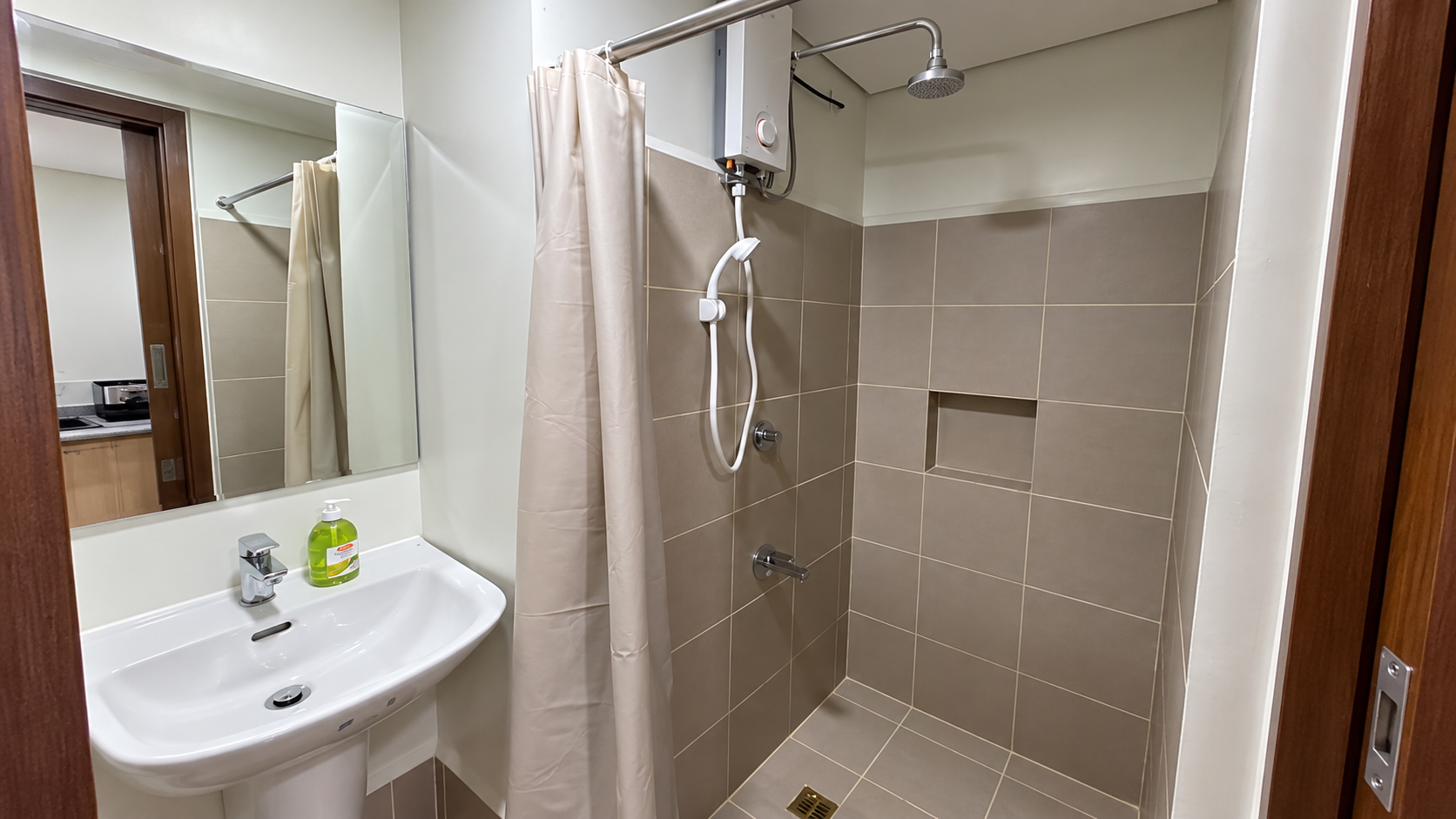 Modern Taupe-Tiled Bathroom Shower