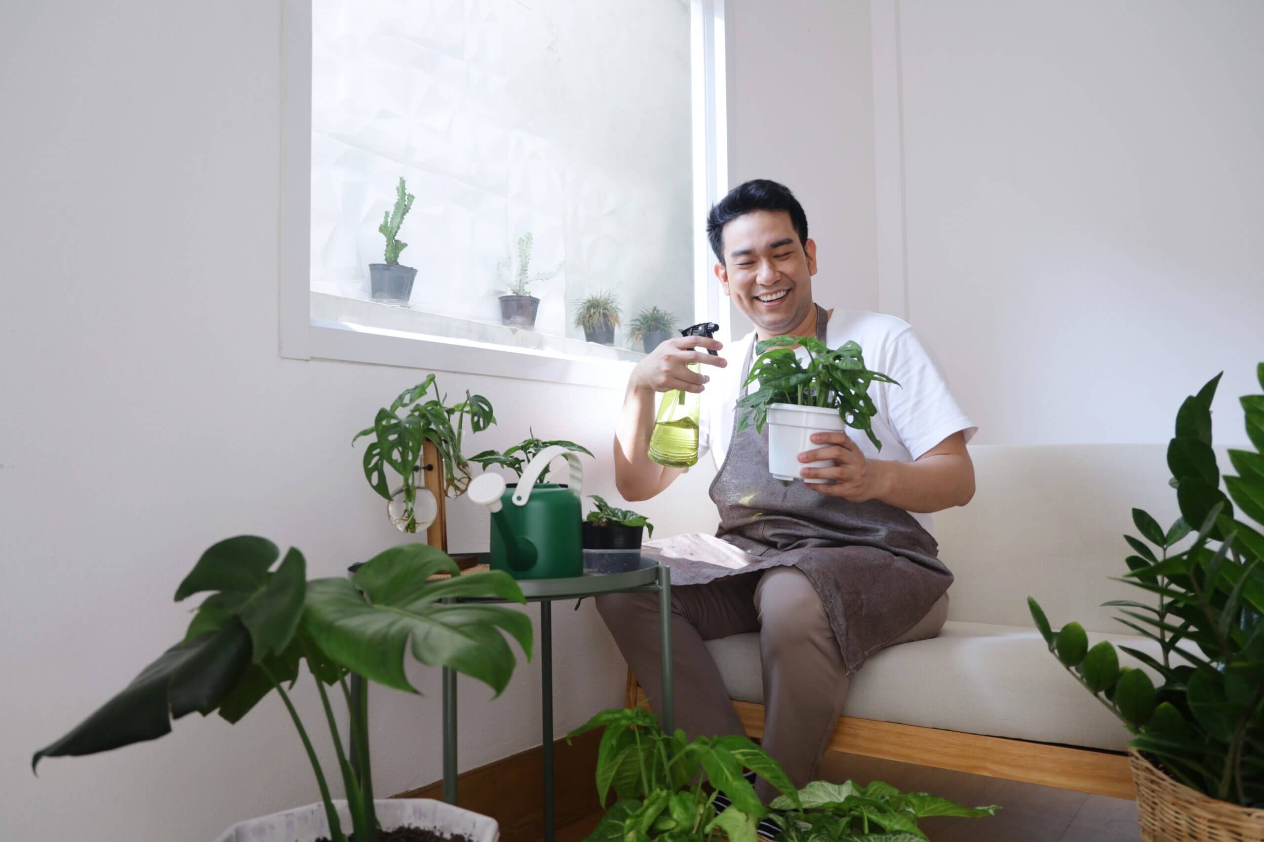 man taking care of his indoor garden