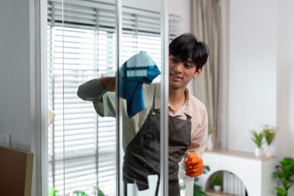 A young man wearing an apron and gloves cleans a glass door with a cloth and spray bottle in a bright, modern home interior.